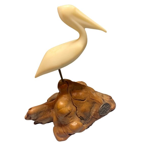 John Perry Ivory Pelican Sculpture On Burlwood Base Coastal Decor Nautical Accen - Picture 9 of 10